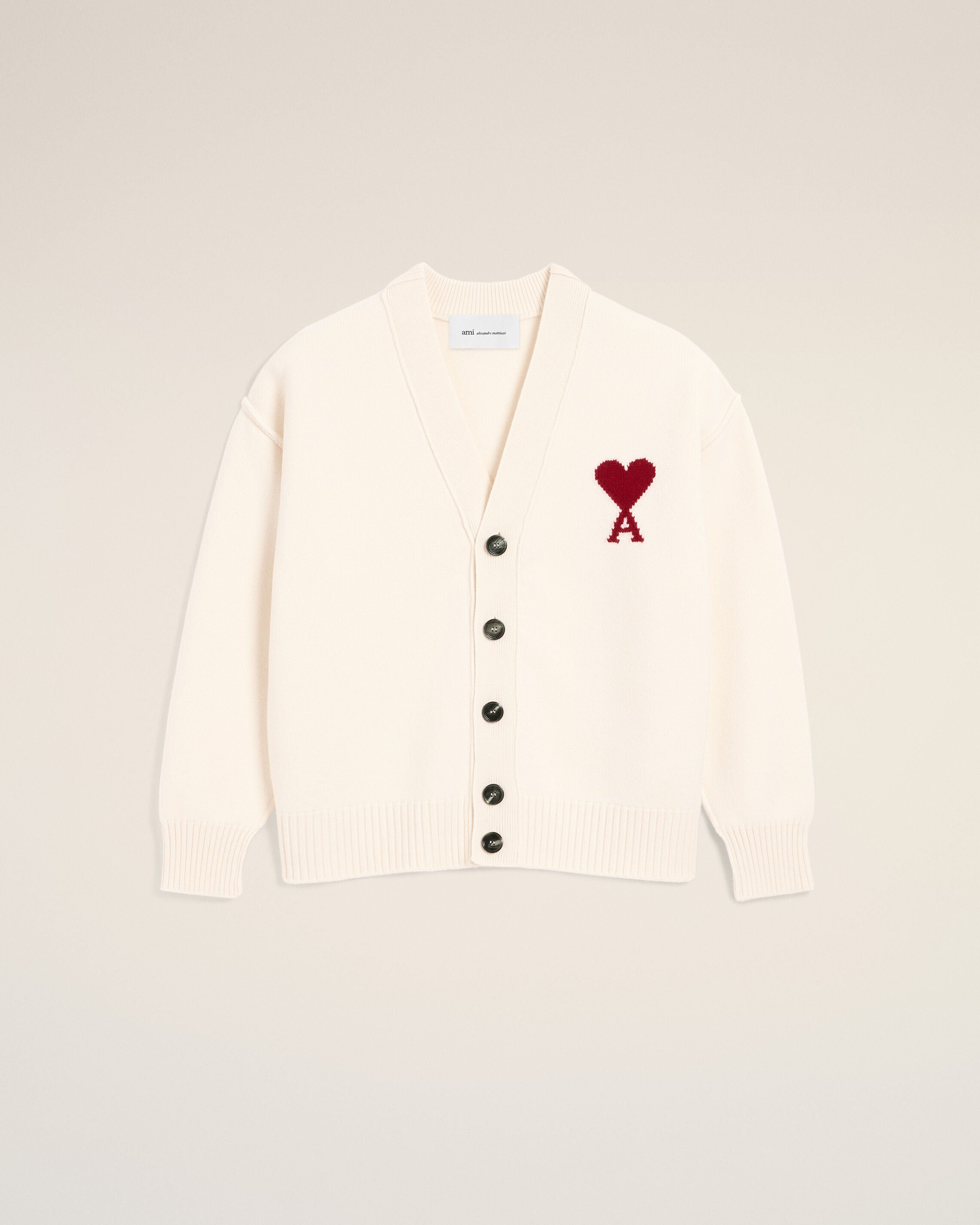Cardigã Off White/Vermelho em Malha de Lã de Merino Feltada | AMI PARIS