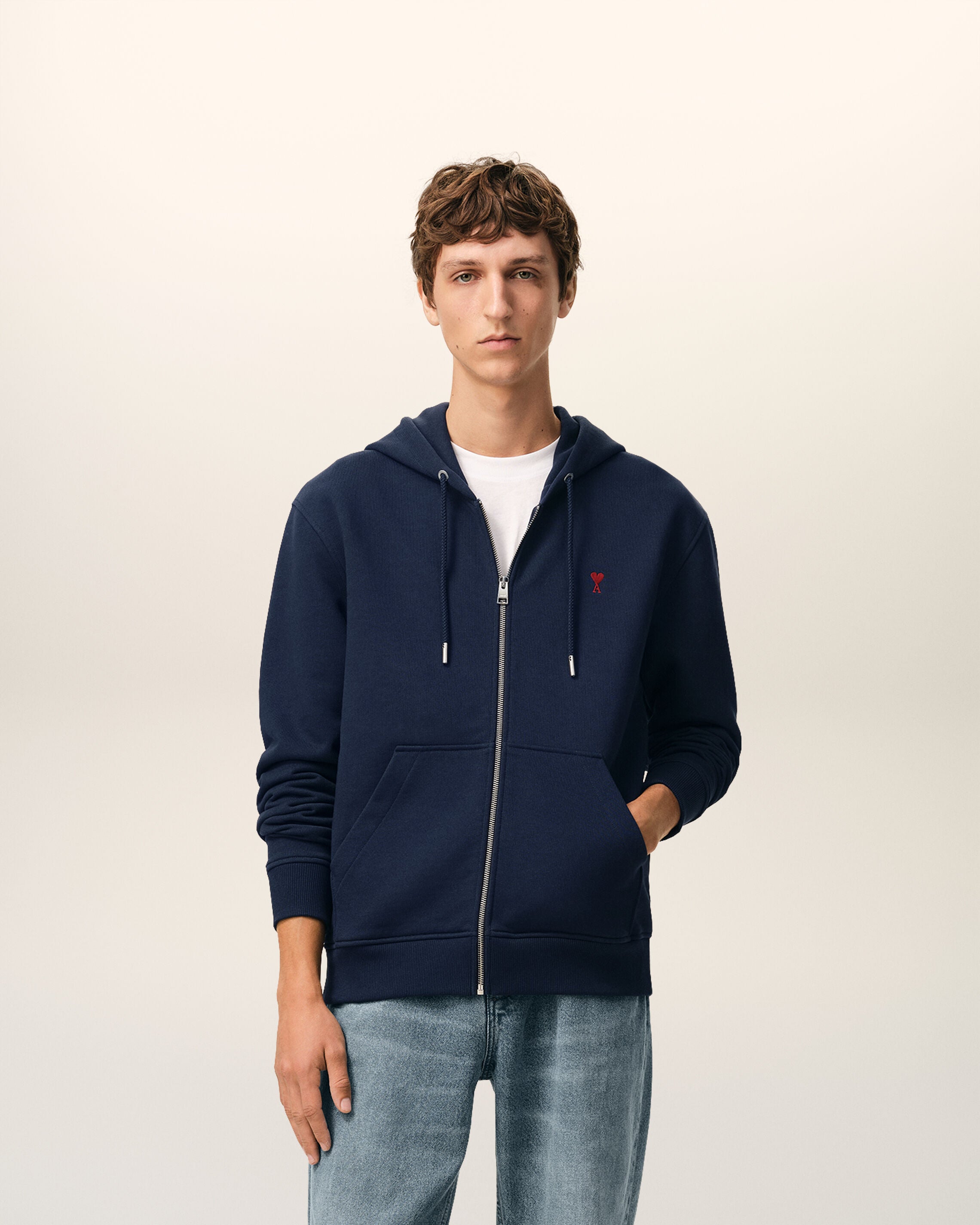 Moletom Zíper Ami de Coeur Azul Noturno Vermelho | AMI PARIS